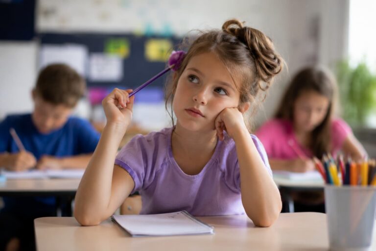 A young girl sits at a classroom desk, gazing thoughtfully into the distance while absentmindedly twirling a pencil. A notebook rests open in front of her, with classmates softly blurred in the background, illustrating a moment of distraction and daydreaming that can be associated with ADHD.