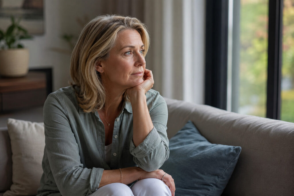 A thoughtful middle-aged woman sits on a couch in a softly lit living room, gazing out a large window with a calm, reflective expression, representing emotional changes and self-reflection during perimenopause and menopause.