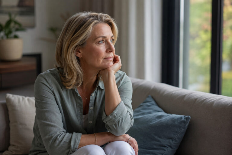 A thoughtful middle-aged woman sits on a couch in a softly lit living room, gazing out a large window with a calm, reflective expression, representing emotional changes and self-reflection during perimenopause and menopause.