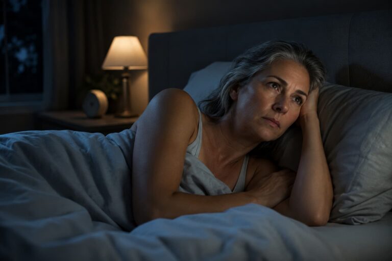 A tired middle-aged woman lies awake in bed at night, resting her head on her hand and staring into the distance. A softly lit bedside lamp contrasts with the dark bedroom, conveying the exhaustion and sleeplessness often experienced during menopause.