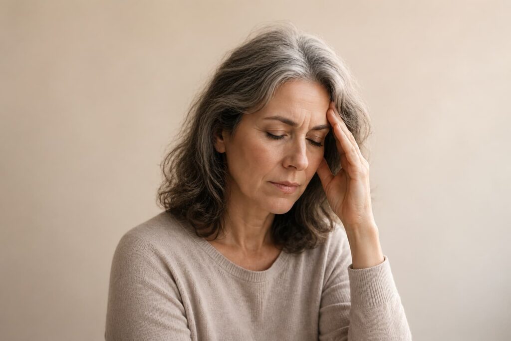 Woman experiencing brain fog during perimenopause or menopause, holding her head with eyes closed against a simple neutral background.