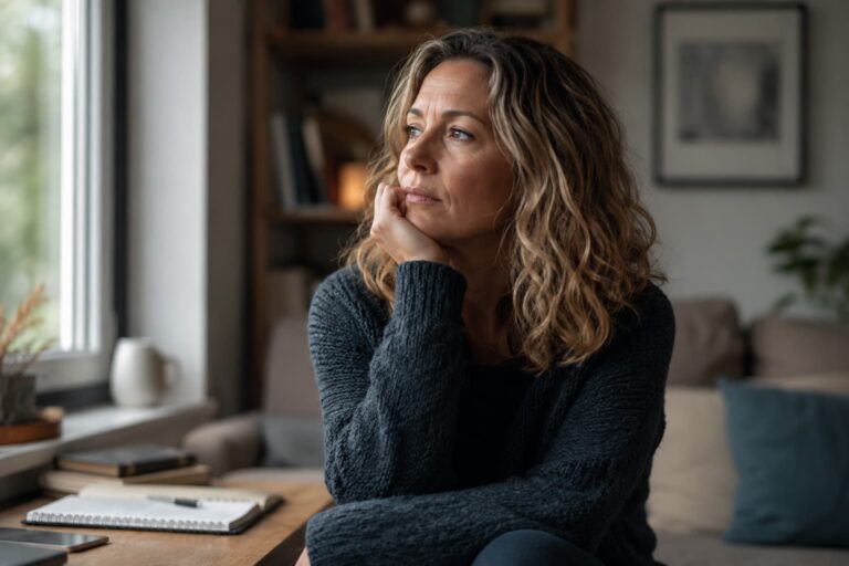 Middle-aged woman sitting thoughtfully by a window, reflecting on focus and everyday challenges associated with undiagnosed ADHD in women.