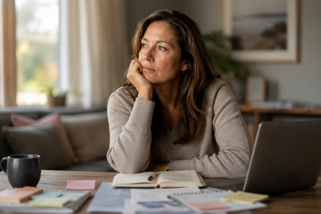 Middle-aged woman sitting at a table with a laptop and notebook, reflecting on focus and everyday challenges associated with undiagnosed ADHD in women.