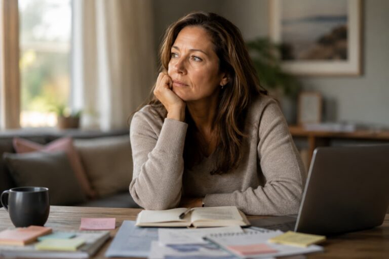 Middle-aged woman sitting at a table with a laptop and notebook, reflecting on focus and everyday challenges associated with undiagnosed ADHD in women.