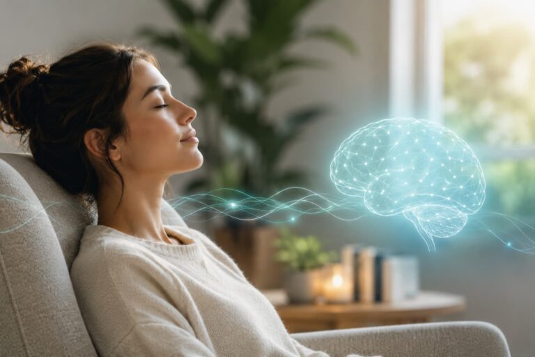 A woman sits peacefully with her eyes closed as a glowing brain illustration and subtle neural waves represent neurofeedback and brain regulation.