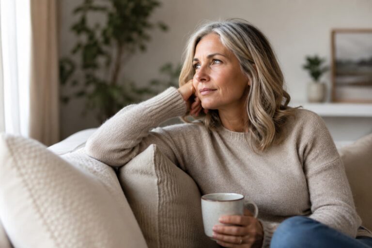 A middle-aged woman sits on a couch holding a mug and gazing thoughtfully out a window, reflecting a calm, contemplative moment that represents the emotional changes many women experience during perimenopause and menopause.