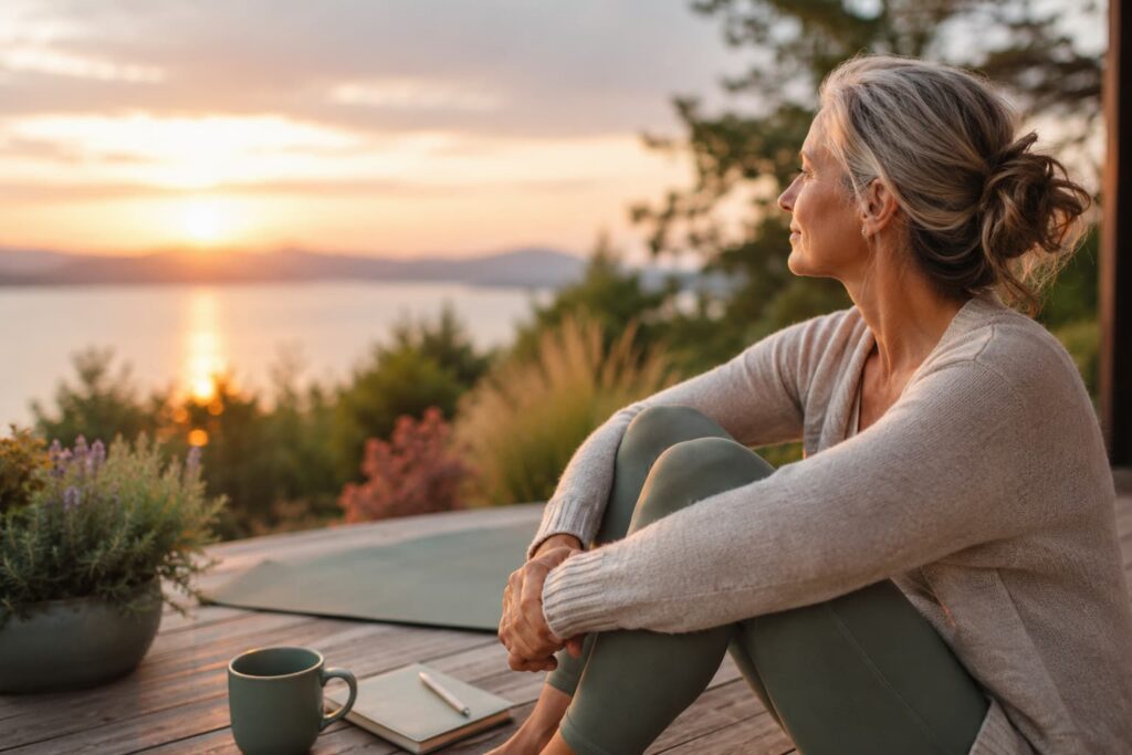 A woman in midlife sits peacefully on a deck overlooking a lake at sunset, with a yoga mat, journal, and mug nearby, representing relaxation and stress management during menopause.