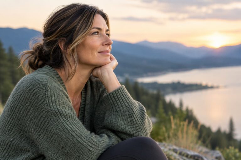 A woman in a cozy green sweater sits beside a mountain lake at sunset, resting her chin on her hand and looking thoughtfully toward the mountains and water.