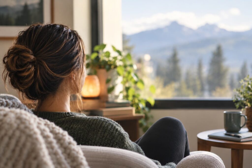 Woman relaxing in a cozy room while looking out a window at the mountains, representing calm, self-regulation, and brain wellness